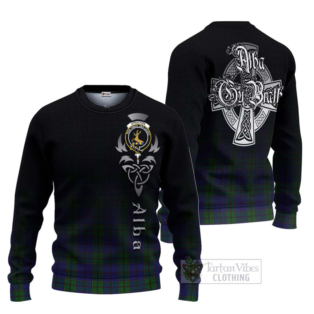 Tartan Vibes Clothing Strachan Tartan Knitted Sweater Featuring Alba Gu Brath Family Crest Celtic Inspired