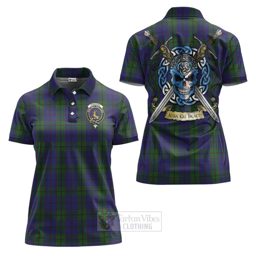 Tartan Vibes Clothing Strachan Tartan Women's Polo Shirt with Family Crest Celtic Skull Style