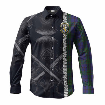 Strachan Tartan Long Sleeve Button Shirt with Family Crest Cross Sword Thistle Celtic Vibes