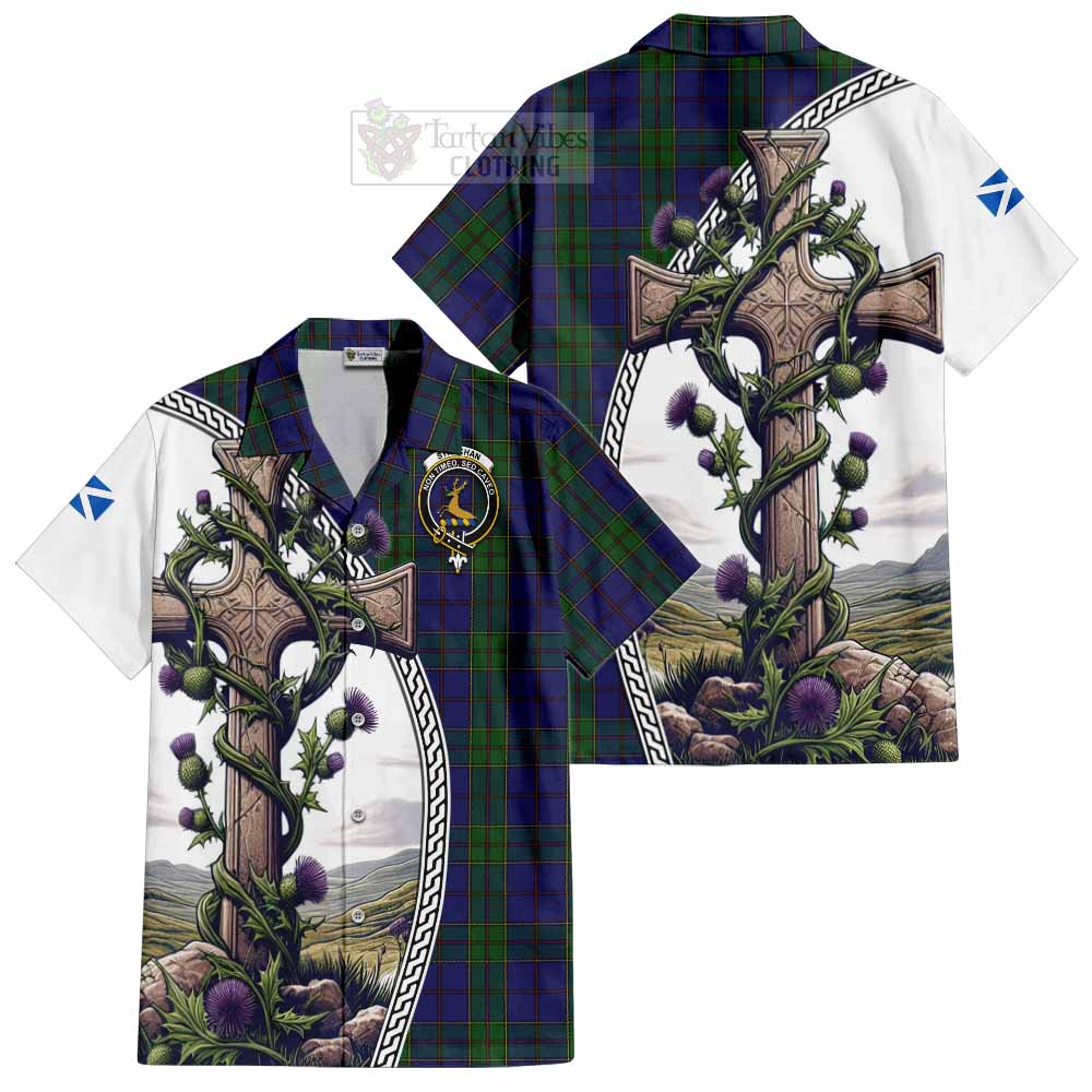 Tartan Vibes Clothing Strachan Tartan Short Sleeve Button Shirt with Family Crest and St. Andrew's Cross Accented by Thistle Vines