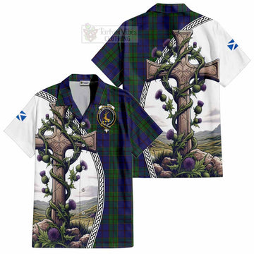 Strachan Tartan Short Sleeve Button Shirt with Family Crest and St. Andrew's Cross Accented by Thistle Vines