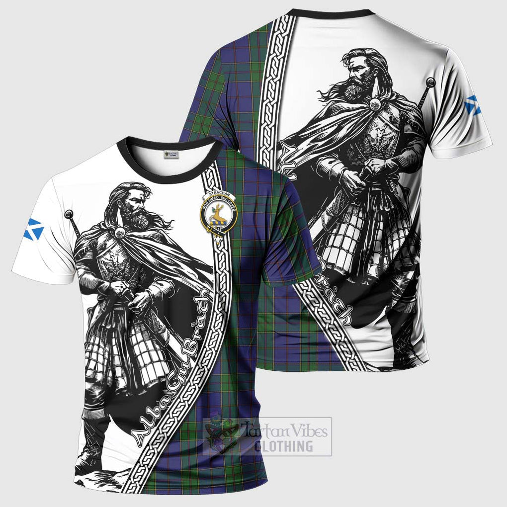 Tartan Vibes Clothing Strachan Tartan Clan Crest T-Shirt with Highlander Warrior Celtic Style