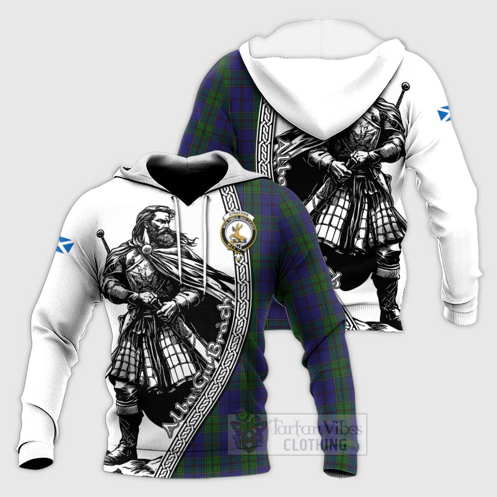 Tartan Vibes Clothing Strachan Tartan Clan Crest Knitted Hoodie with Highlander Warrior Celtic Style