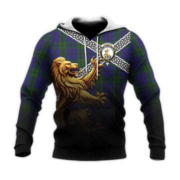 Strachan Crest Tartan Knitted Hoodie with Golden Lion Emblem Celtic Style Unisex Knitted Pullover Hoodie - Tartan Vibes Clothing
