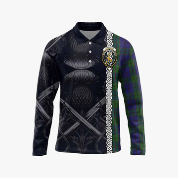 Strachan Tartan Long Sleeve Polo Shirt with Family Crest Cross Sword Thistle Celtic Vibes