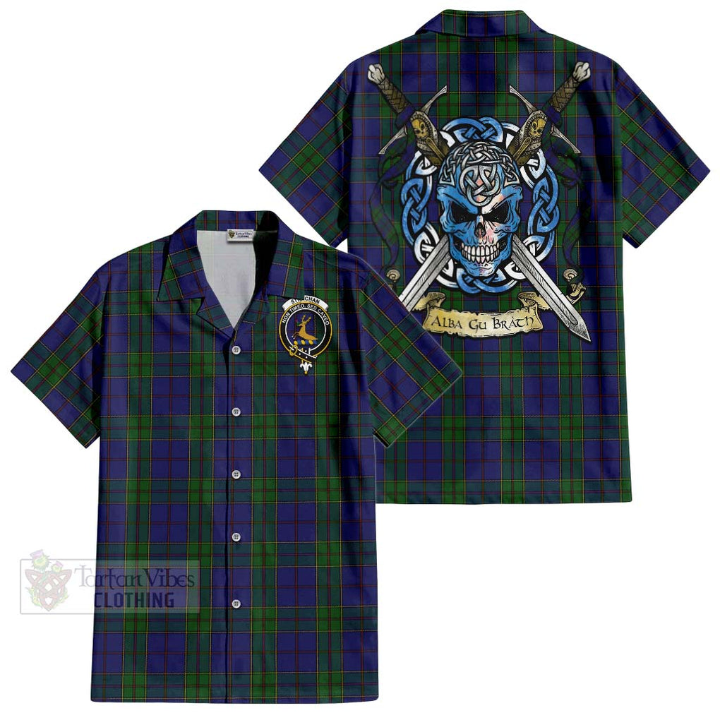 Tartan Vibes Clothing Strachan Tartan Short Sleeve Button Shirt with Family Crest Celtic Skull Style