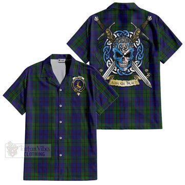 Strachan Tartan Short Sleeve Button Shirt with Family Crest Celtic Skull Style