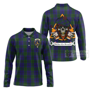 Strachan Tartan Long Sleeve Polo Shirt with Family Crest and Bearded Skull Holding Bottles of Whiskey