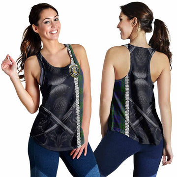 Strachan Tartan Women's Racerback Tanks with Family Crest Cross Sword Thistle Celtic Vibes