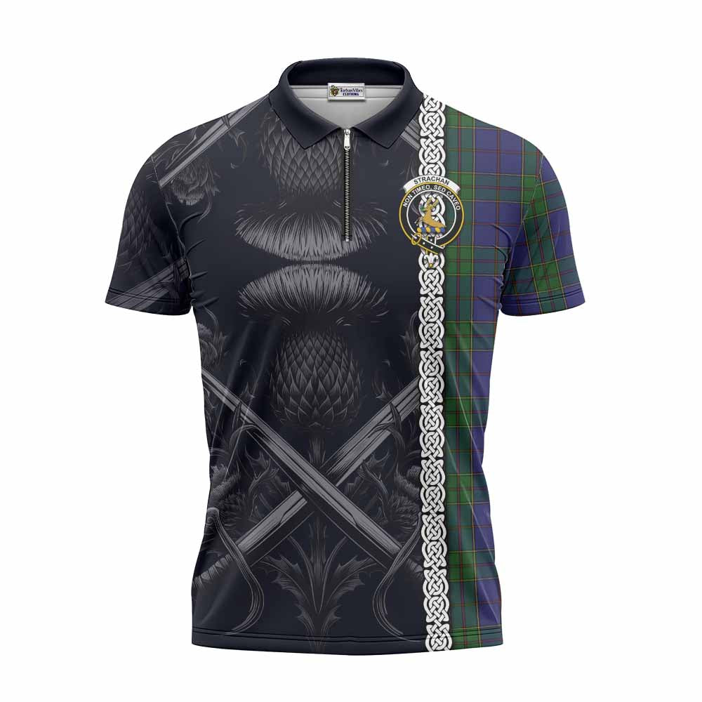 Tartan Vibes Clothing Strachan Tartan Zipper Polo Shirt with Family Crest Cross Sword Thistle Celtic Vibes