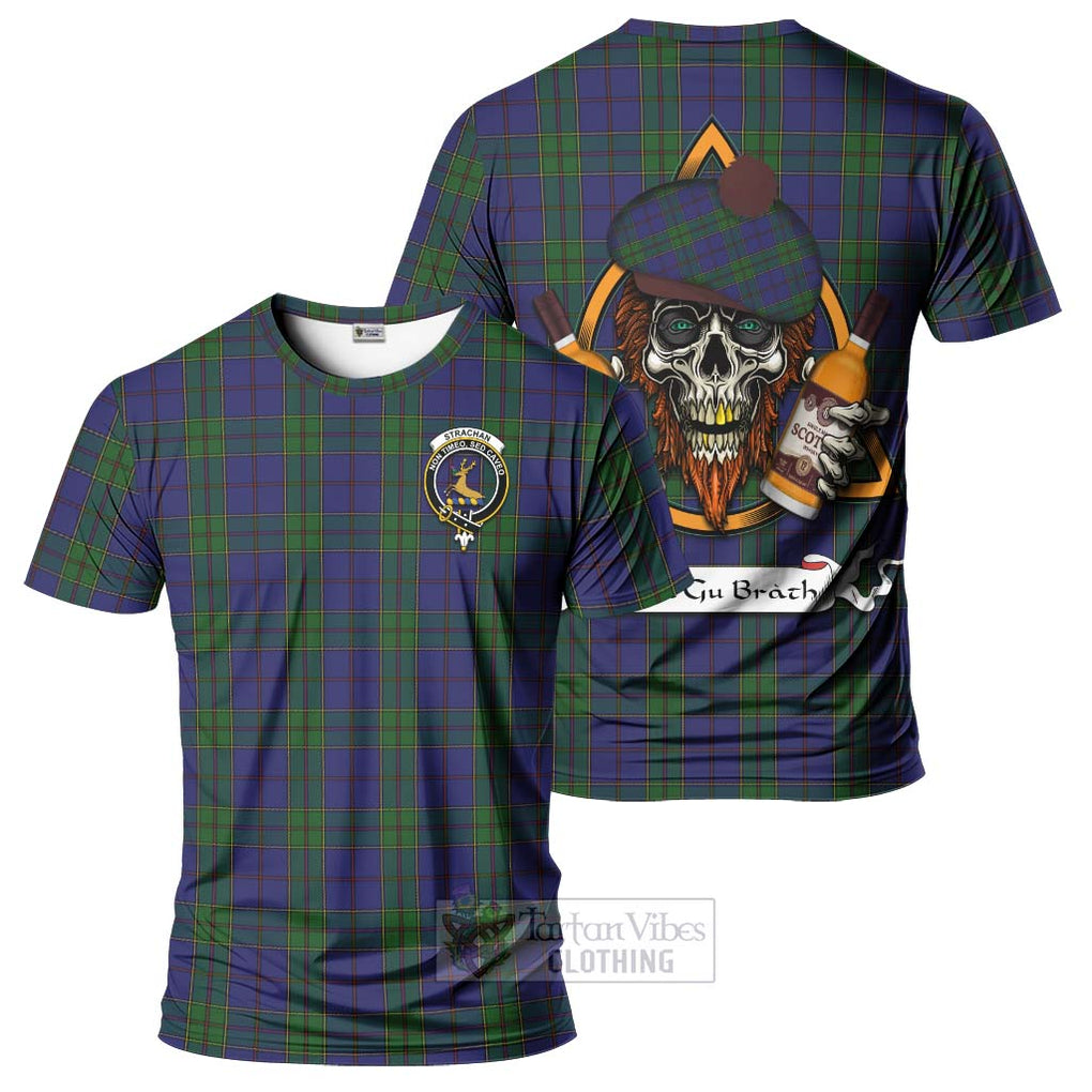 Tartan Vibes Clothing Strachan Tartan T-Shirt with Family Crest and Bearded Skull Holding Bottles of Whiskey