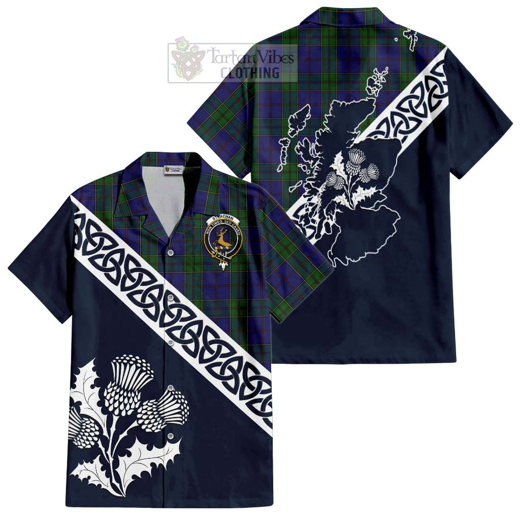 Tartan Vibes Clothing Strachan Tartan Short Sleeve Button Shirt Featuring Thistle and Scotland Map