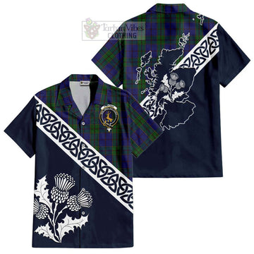 Strachan Tartan Short Sleeve Button Shirt Featuring Thistle and Scotland Map