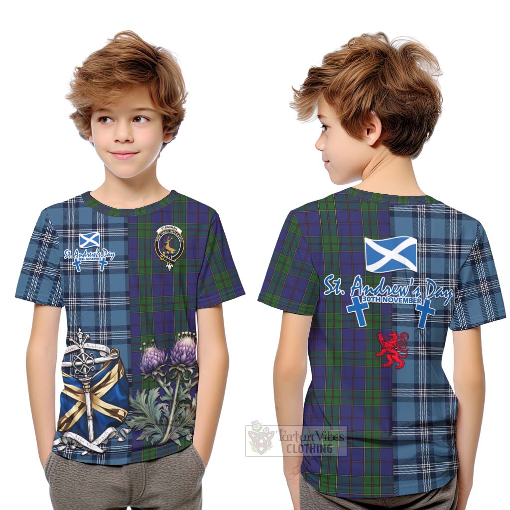 Tartan Vibes Clothing Strachan Tartan Kid T-Shirt Happy St. Andrew's Day Half Tartan Style