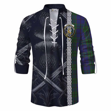 Strachan Tartan Ghillie Kilt Shirt with Family Crest Cross Sword Thistle Celtic Vibes