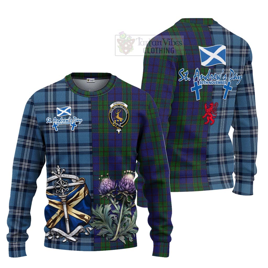 Tartan Vibes Clothing Strachan Tartan Knitted Sweater Happy St. Andrew's Day Half Tartan Style