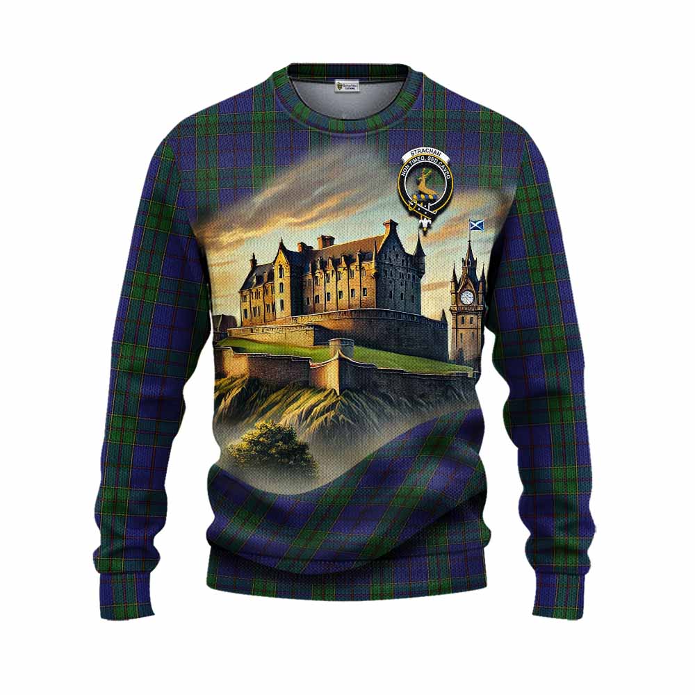 Strachan Tartan Family Crest Knitted Sweater with Scottish Ancient Castle Style Unisex - Tartan Vibes Clothing