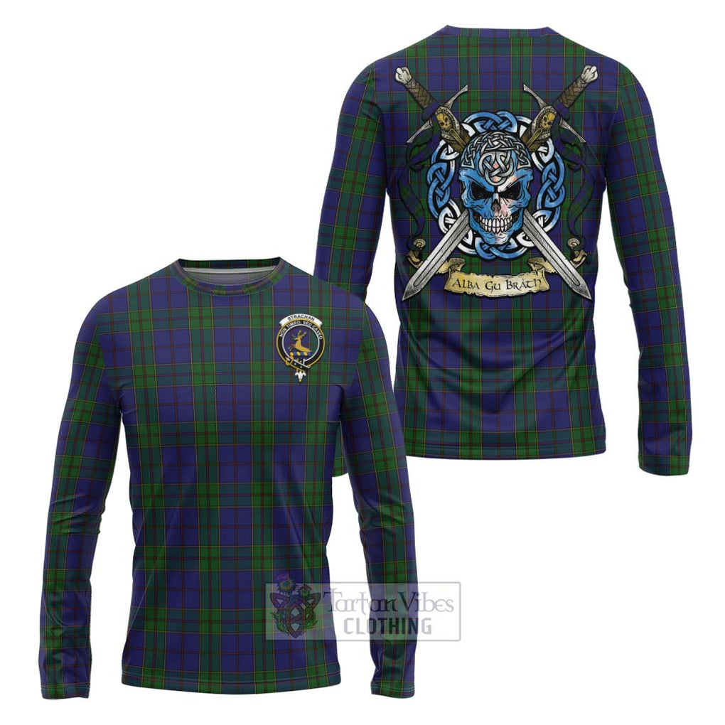 Tartan Vibes Clothing Strachan Tartan Long Sleeve T-Shirt with Family Crest Celtic Skull Style