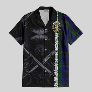 Strachan Tartan Short Sleeve Button Shirt with Family Crest Cross Sword Thistle Celtic Vibes