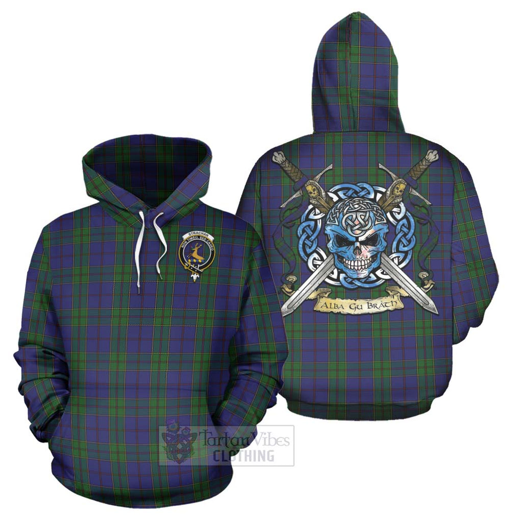 Tartan Vibes Clothing Strachan Tartan Hoodie with Family Crest Celtic Skull Style