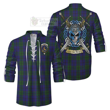 Strachan Tartan Ghillie Kilt Shirt with Family Crest Celtic Skull Style