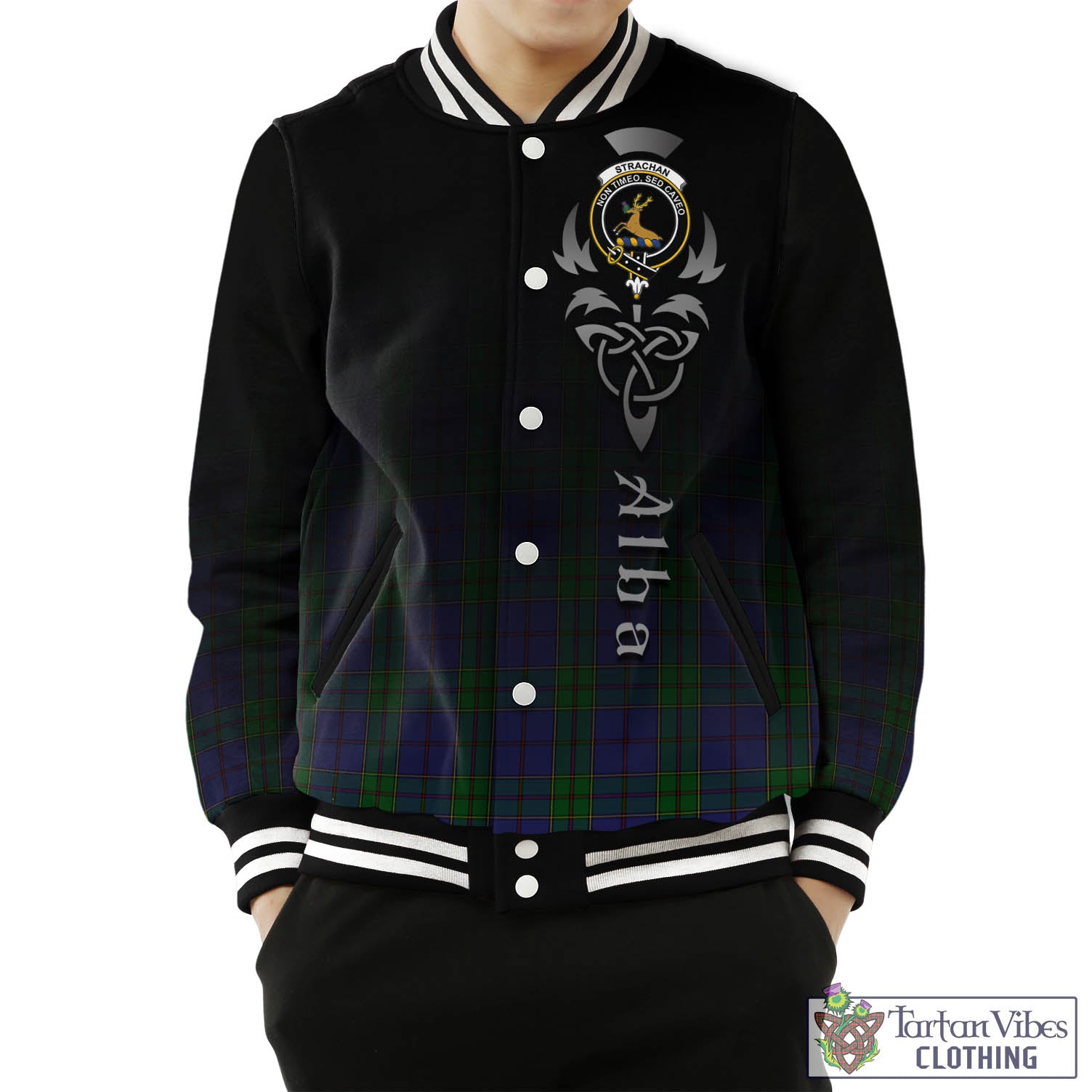 Tartan Vibes Clothing Strachan Tartan Baseball Jacket Featuring Alba Gu Brath Family Crest Celtic Inspired