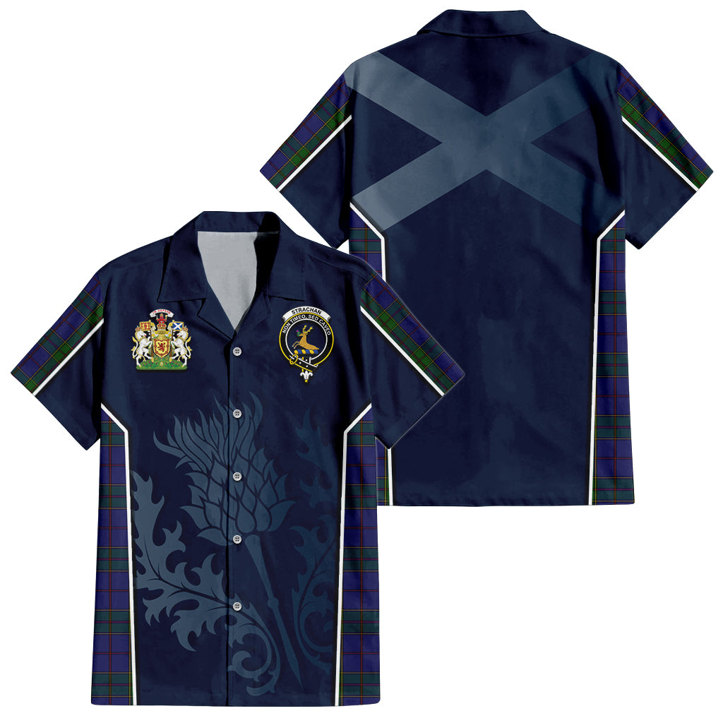 Tartan Vibes Clothing Strachan Tartan Short Sleeve Button Up Shirt with Family Crest and Scottish Thistle Vibes Sport Style