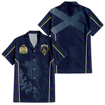 Strachan Tartan Short Sleeve Button Up Shirt with Family Crest and Scottish Thistle Vibes Sport Style