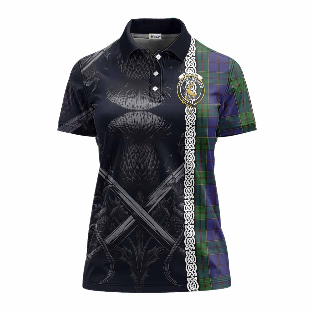 Tartan Vibes Clothing Strachan Tartan Women's Polo Shirt with Family Crest Cross Sword Thistle Celtic Vibes