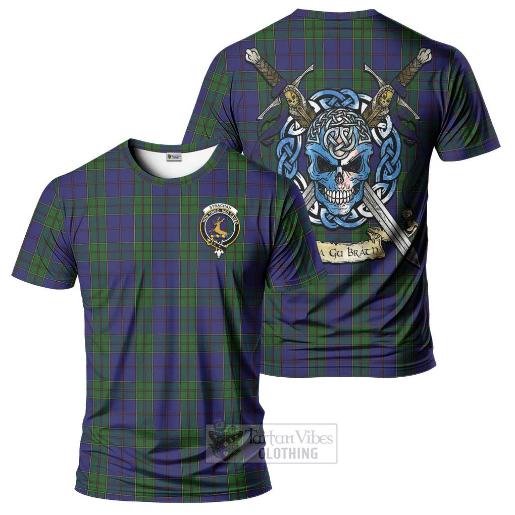 Tartan Vibes Clothing Strachan Tartan T-Shirt with Family Crest Celtic Skull Style