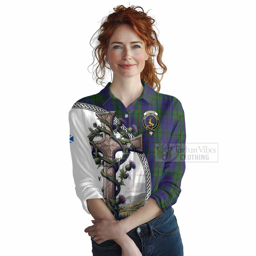 Tartan Vibes Clothing Strachan Tartan Women's Casual Shirt with Family Crest and St. Andrew's Cross Accented by Thistle Vines