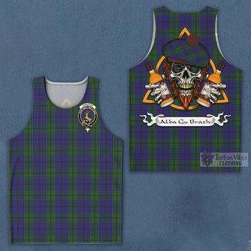 Strachan Tartan Men's Tank Top with Family Crest and Bearded Skull Holding Bottles of Whiskey