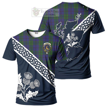 Strachan Tartan T-Shirt Featuring Thistle and Scotland Map