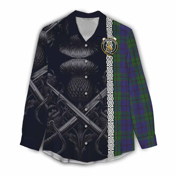 Strachan Tartan Women's Casual Shirt with Family Crest Cross Sword Thistle Celtic Vibes