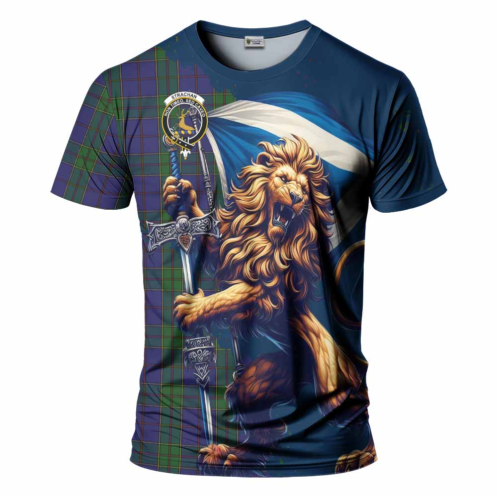 Tartan Vibes Clothing Strachan Tartan Family Crest T-Shirt with Scottish Majestic Lion