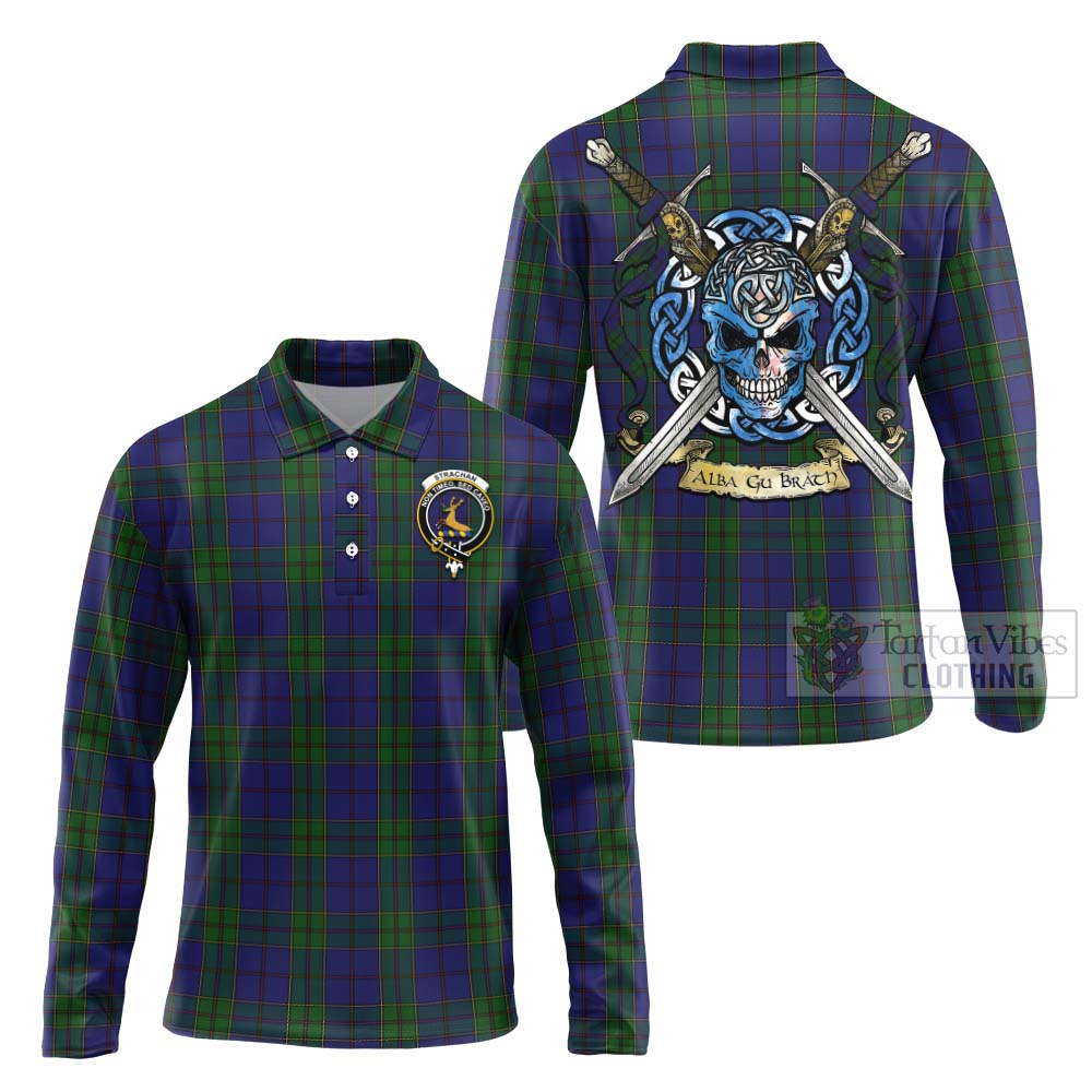 Tartan Vibes Clothing Strachan Tartan Long Sleeve Polo Shirt with Family Crest Celtic Skull Style