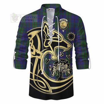 Strachan Tartan Ghillie Kilt Shirt with Family Crest Celtic Wolf Style