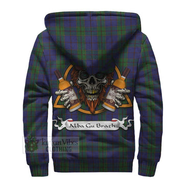 Strachan Tartan Sherpa Hoodie with Family Crest and Bearded Skull Holding Bottles of Whiskey