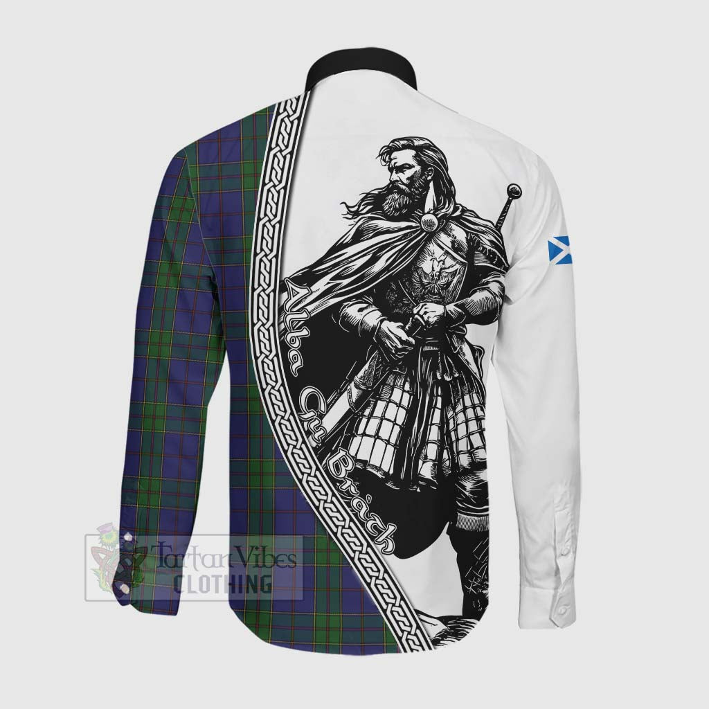 Strachan Tartan Clan Crest Long Sleeve Button Shirt with Highlander Warrior Celtic Style Men's Shirt - Tartan Vibes Clothing