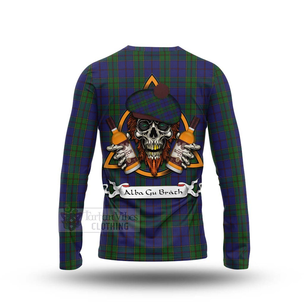 Tartan Vibes Clothing Strachan Tartan Long Sleeve T-Shirt with Family Crest and Bearded Skull Holding Bottles of Whiskey