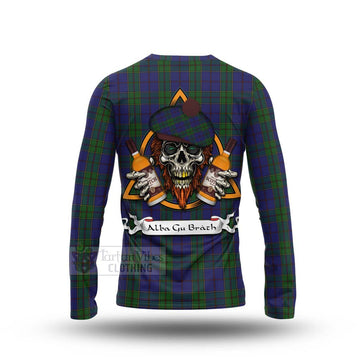 Strachan Tartan Long Sleeve T-Shirt with Family Crest and Bearded Skull Holding Bottles of Whiskey