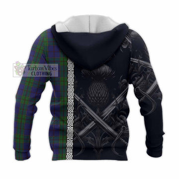 Strachan Tartan Knitted Hoodie with Family Crest Cross Sword Thistle Celtic Vibes