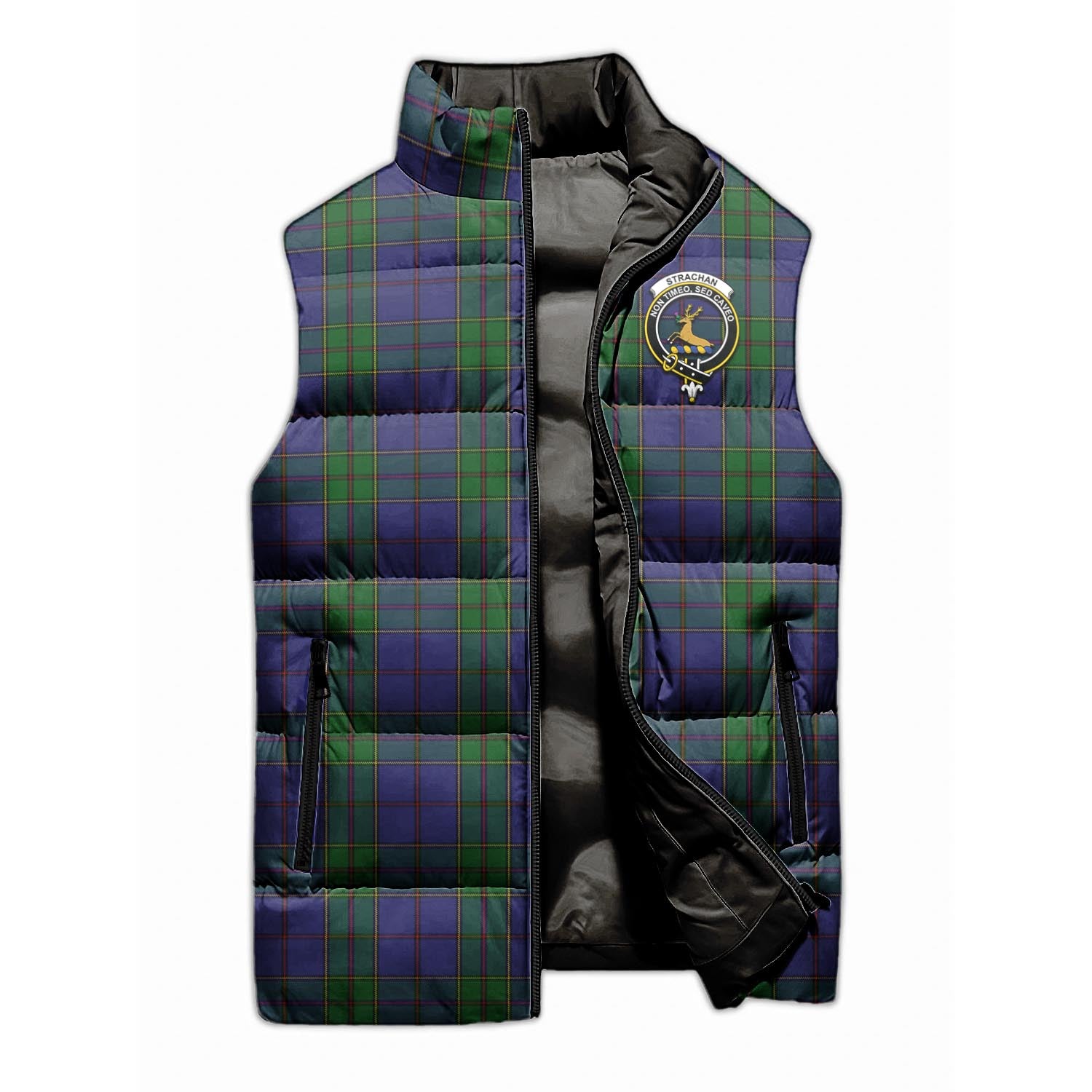 Strachan Tartan Sleeveless Puffer Jacket with Family Crest - Tartanvibesclothing