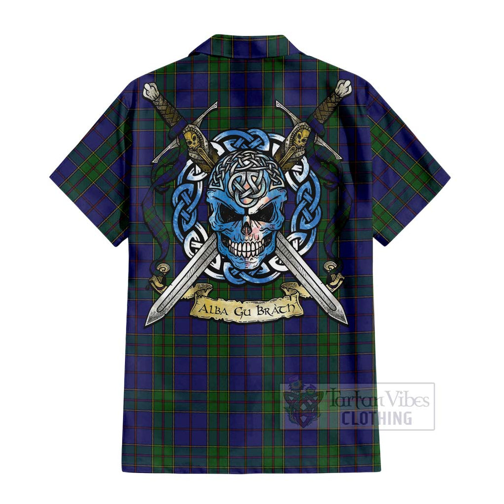 Tartan Vibes Clothing Strachan Tartan Short Sleeve Button Shirt with Family Crest Celtic Skull Style