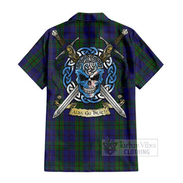 Strachan Tartan Short Sleeve Button Shirt with Family Crest Celtic Skull Style