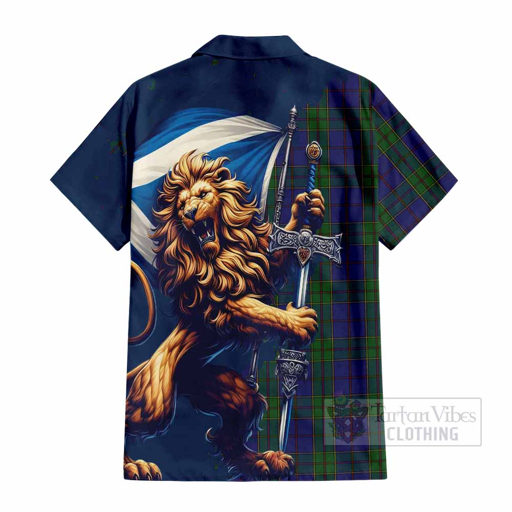 Tartan Vibes Clothing Strachan Tartan Family Crest Short Sleeve Button Shirt with Scottish Majestic Lion