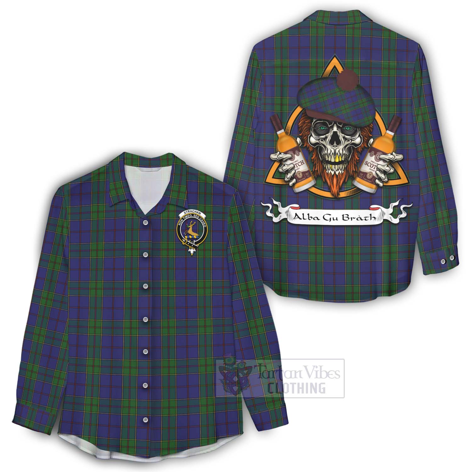 Tartan Vibes Clothing Strachan Tartan Women's Casual Shirt with Family Crest and Bearded Skull Holding Bottles of Whiskey