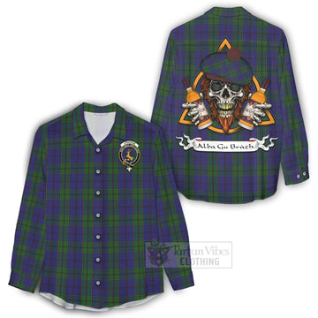 Strachan Tartan Women's Casual Shirt with Family Crest and Bearded Skull Holding Bottles of Whiskey