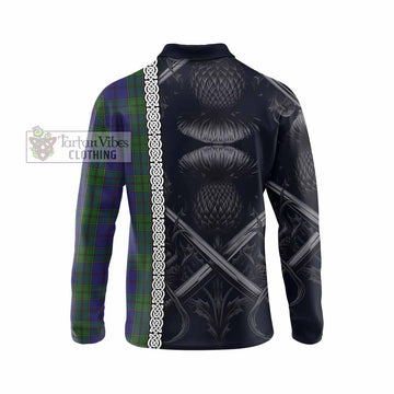 Strachan Tartan Long Sleeve Polo Shirt with Family Crest Cross Sword Thistle Celtic Vibes