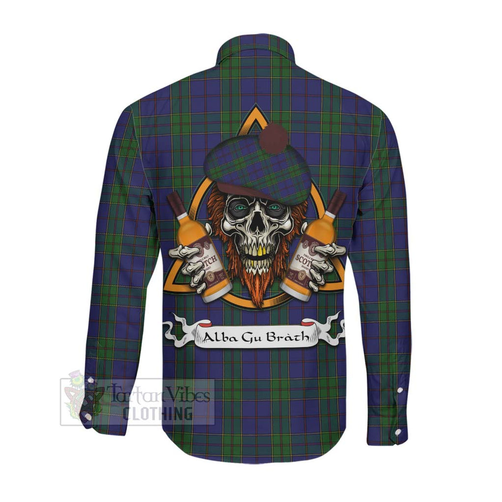 Tartan Vibes Clothing Strachan Tartan Long Sleeve Button Shirt with Family Crest and Bearded Skull Holding Bottles of Whiskey